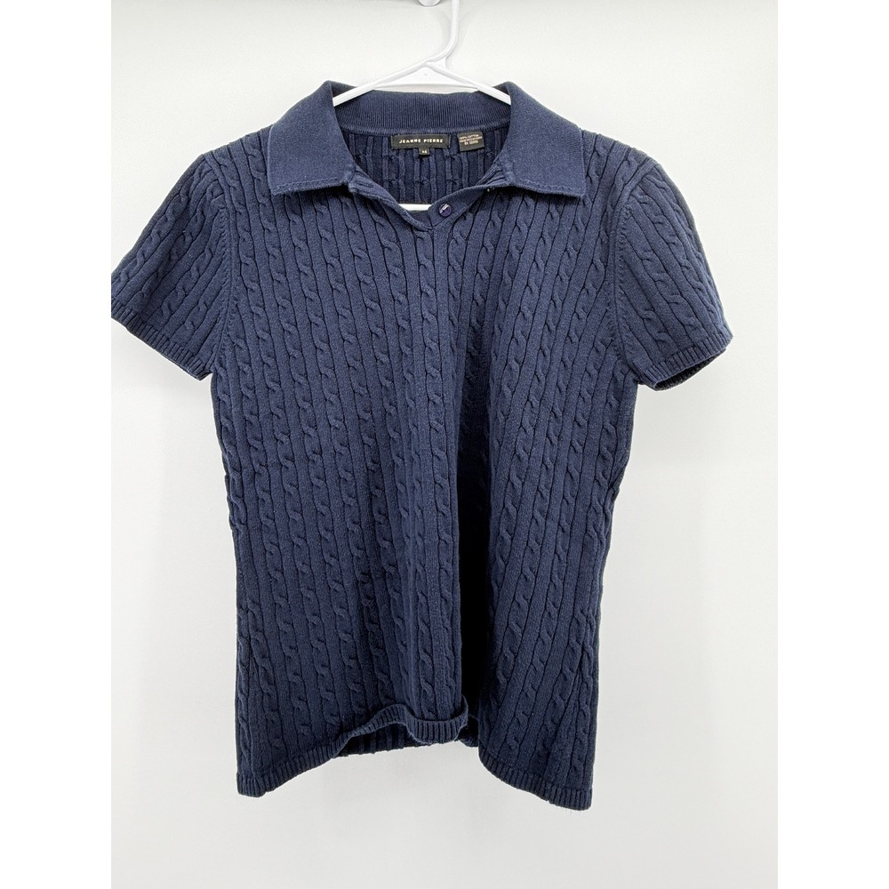 Vintage 90s Jeanne Pierre Womens Navy Blue Cable Knit Cotton Polo Sweater Medium